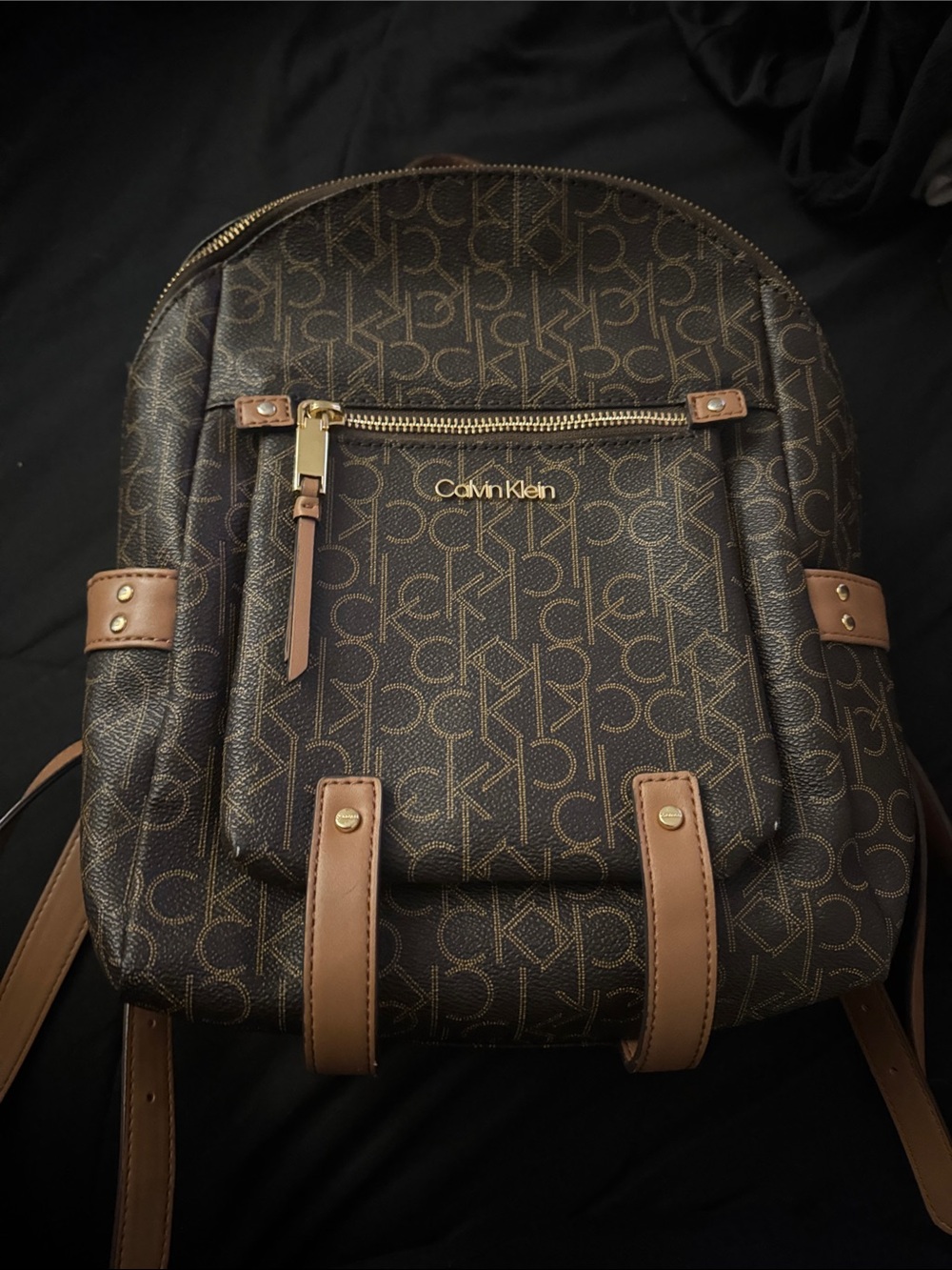 Calvin Klein Brown Monogram Backpack with Tan Accents